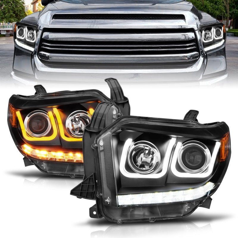 ANZO 14-18 Toyota Tundra w/ LED DRL Projector Headlights w/ U-Bar Switchback Black w/ DRL - Crew Original