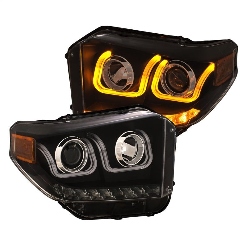 ANZO 14-18 Toyota Tundra w/ LED DRL Projector Headlights w/ U-Bar Switchback Black w/ DRL - Crew Original