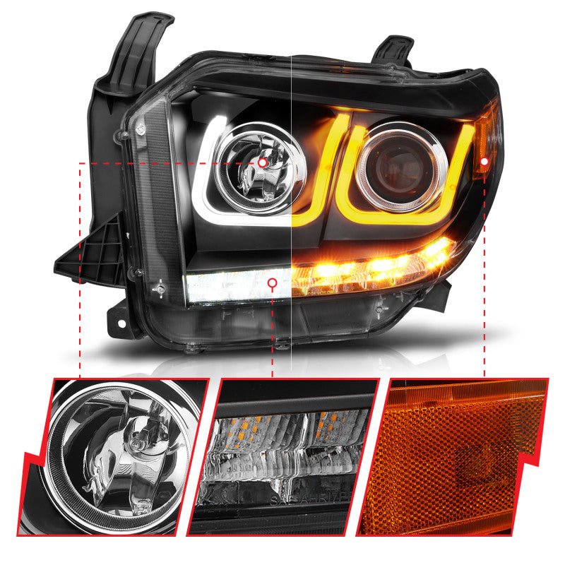 ANZO 14-18 Toyota Tundra w/ LED DRL Projector Headlights w/ U-Bar Switchback Black w/ DRL - Crew Original