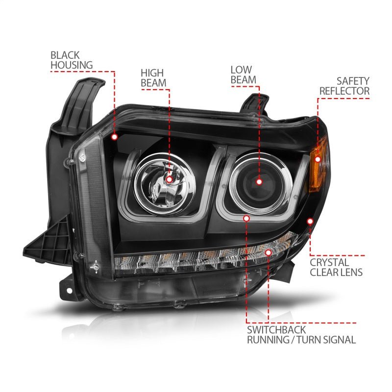 ANZO 14-18 Toyota Tundra w/ LED DRL Projector Headlights w/ U-Bar Switchback Black w/ DRL - Crew Original