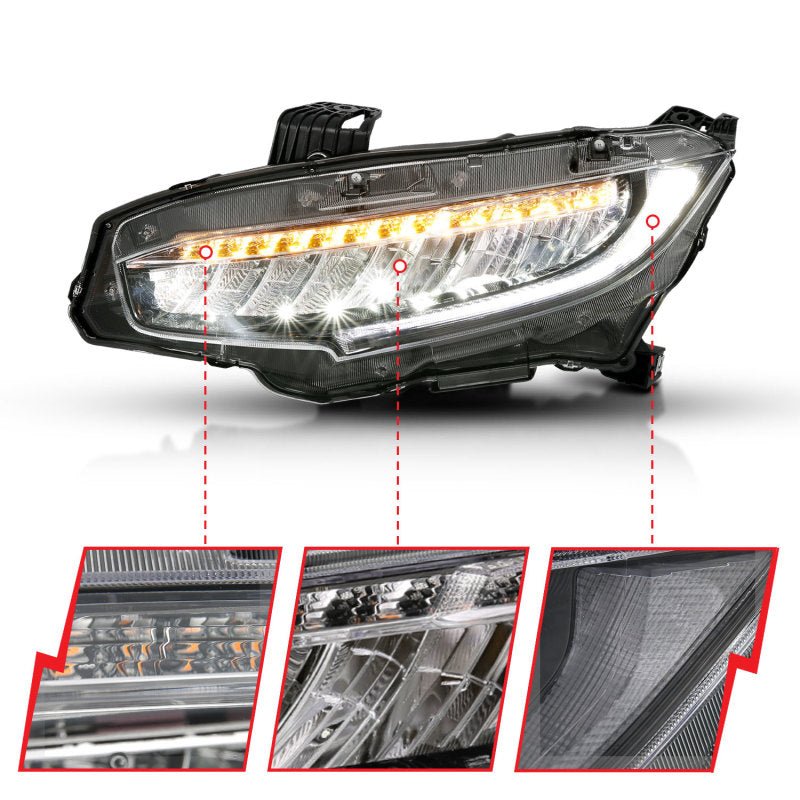 ANZO 16-17 Honda Civic Projector Headlights Plank Style Black w/Amber/Sequential Turn Signal - Crew Original