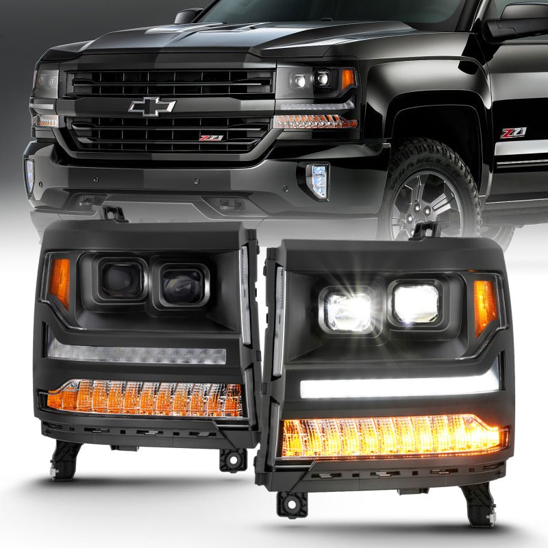 ANZO 16-18 Chevrolet Silverado 1500 LED Projector Headlights w/Plank Style Switchback Black w/ Amber - Crew Original