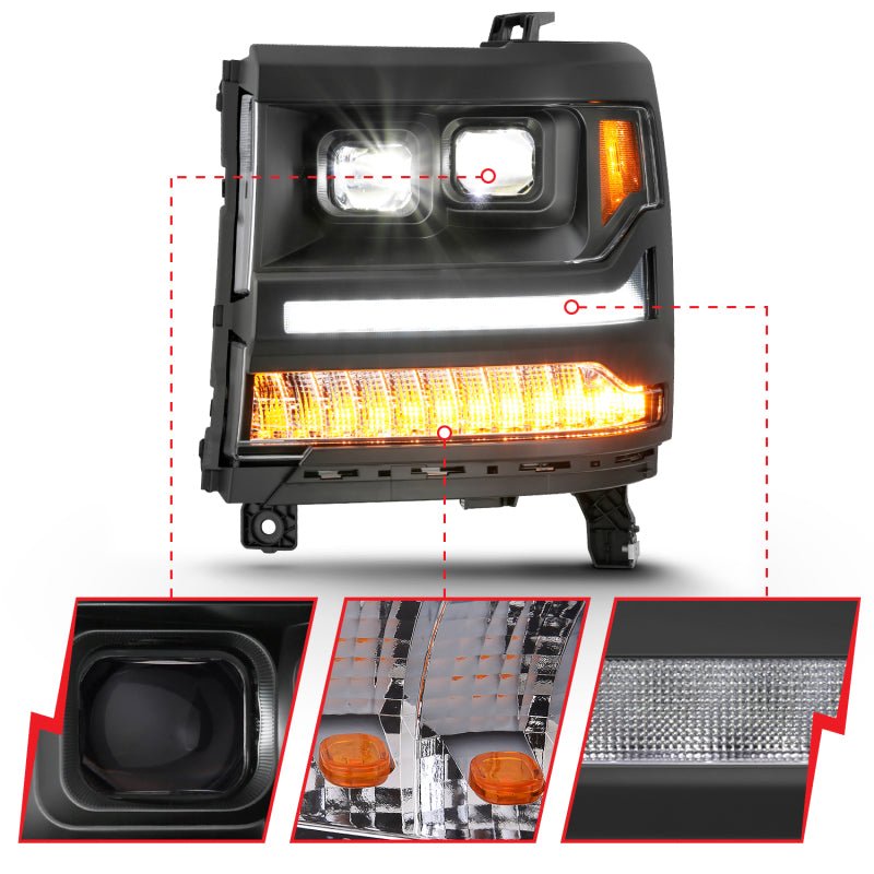 ANZO 16-18 Chevrolet Silverado 1500 LED Projector Headlights w/Plank Style Switchback Black w/ Amber - Crew Original