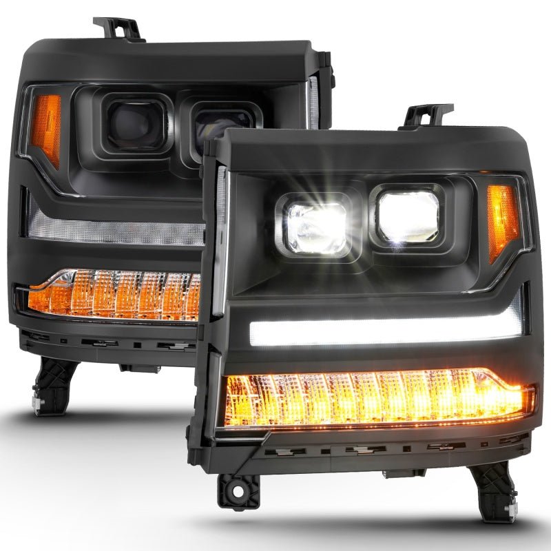 ANZO 16-18 Chevrolet Silverado 1500 LED Projector Headlights w/Plank Style Switchback Black w/ Amber - Crew Original