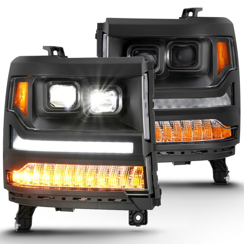 ANZO 16-18 Chevrolet Silverado 1500 LED Projector Headlights w/Plank Style Switchback Black w/ Amber - Crew Original