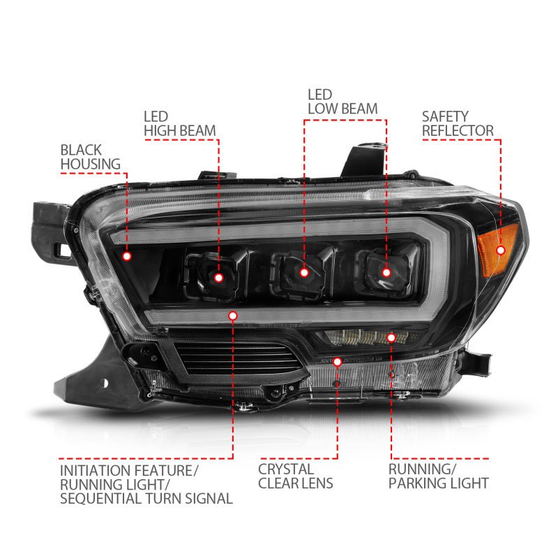 ANZO 16-22 Toyota Tacoma LED Projector Headlights w/ Light Bar Sequential Black Housing w/Initiation - Crew Original