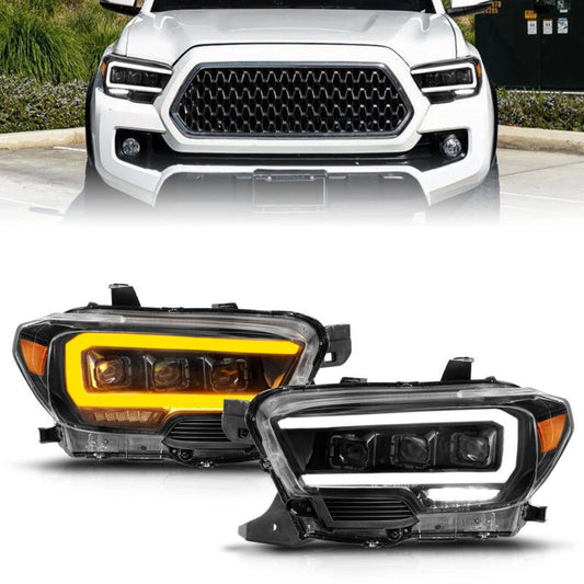 ANZO 16-22 Toyota Tacoma LED Projector Headlights w/ Light Bar Sequential Black Housing w/Initiation - Crew Original