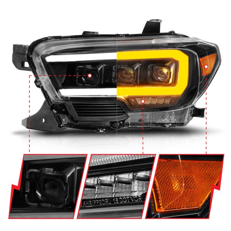 ANZO 16-22 Toyota Tacoma LED Projector Headlights w/ Light Bar Sequential Black Housing w/Initiation - Crew Original