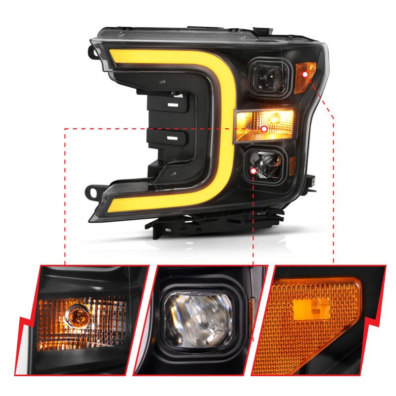 ANZO 18-19 Ford F-150 Projector Headlights w/Plank Style Switchback Black w/Amber - Crew Original