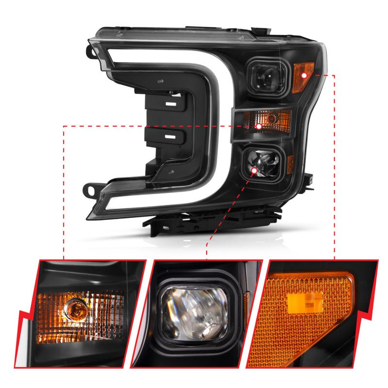 ANZO 18-19 Ford F-150 Projector Headlights w/Plank Style Switchback Black w/Amber - Crew Original