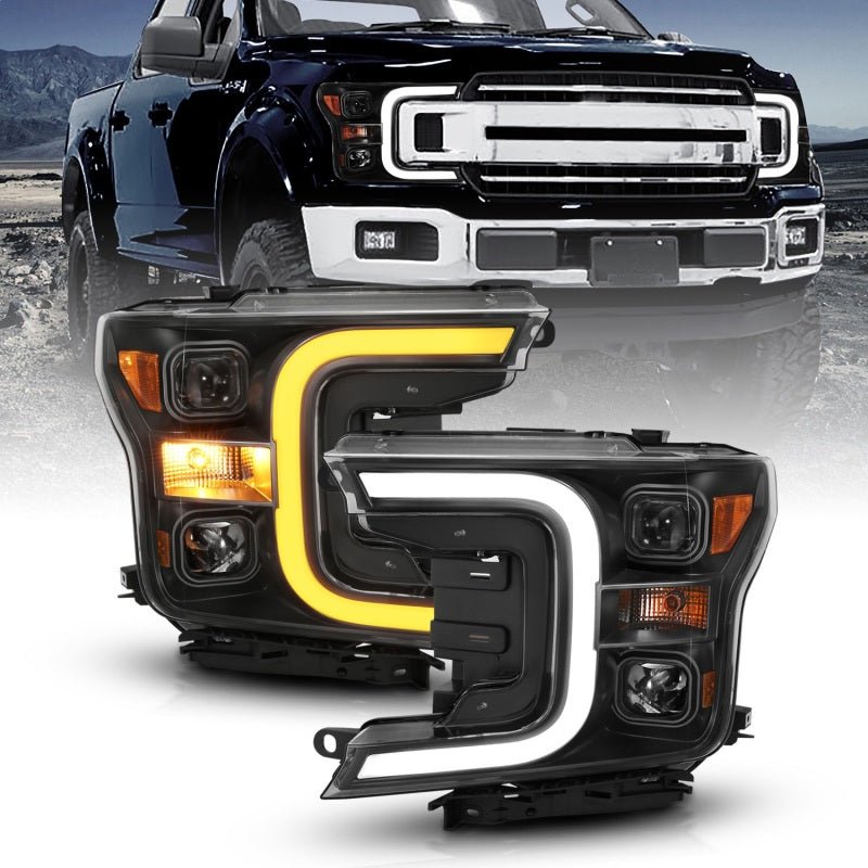 ANZO 18-19 Ford F-150 Projector Headlights w/Plank Style Switchback Black w/Amber - Crew Original