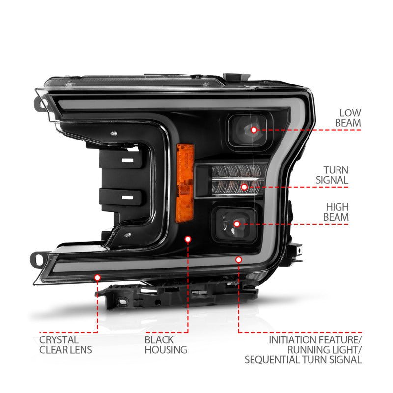 ANZO 18-20 Ford F-150 (w/o Fctry LED) Full LED Proj Headlights w/Light Bar Swtchbk Seq. Black w/Init - Crew Original