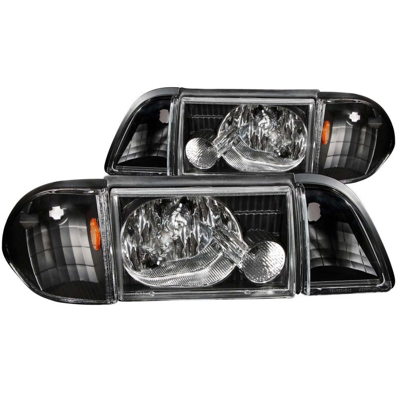 ANZO 1987-1993 Ford Mustang Crystal Headlights Black w/ Corner Lights 3pc - Crew Original