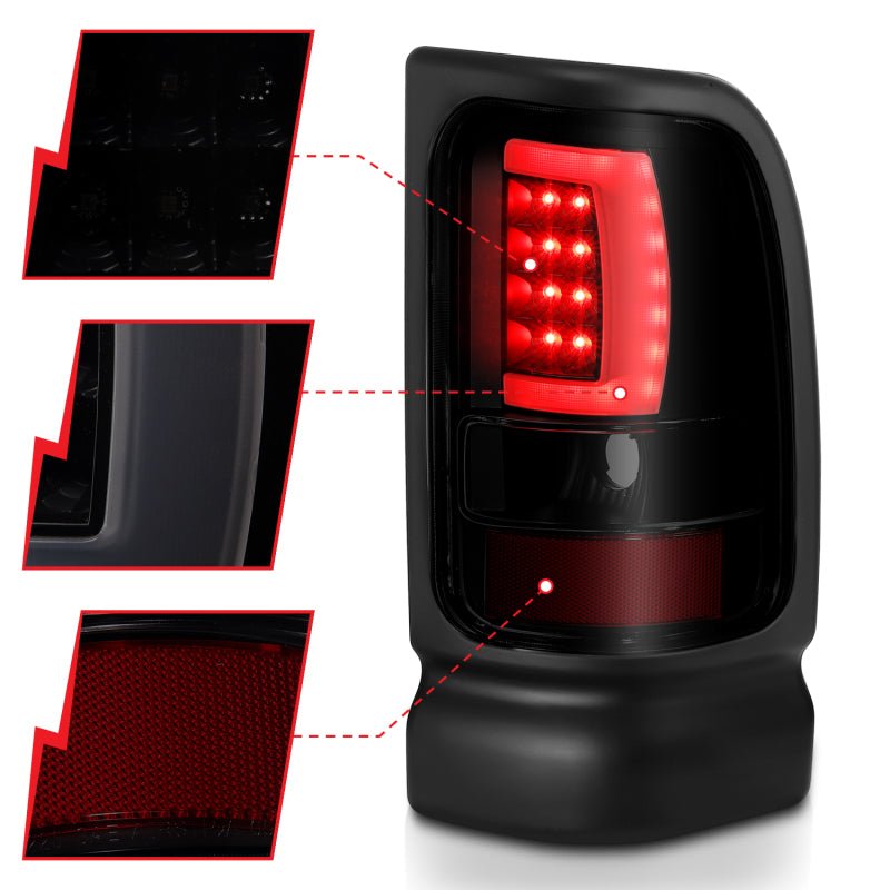 ANZO 1994-2001 Dodge Ram 1500 LED Taillights Plank Style Black w/Smoke Lens - Crew Original