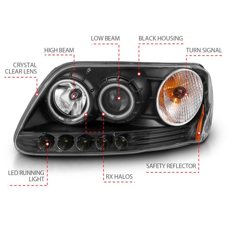 ANZO 1997-2003 Ford F-150 Projector Headlights w/ Halo Black (CCFL) - Crew Original