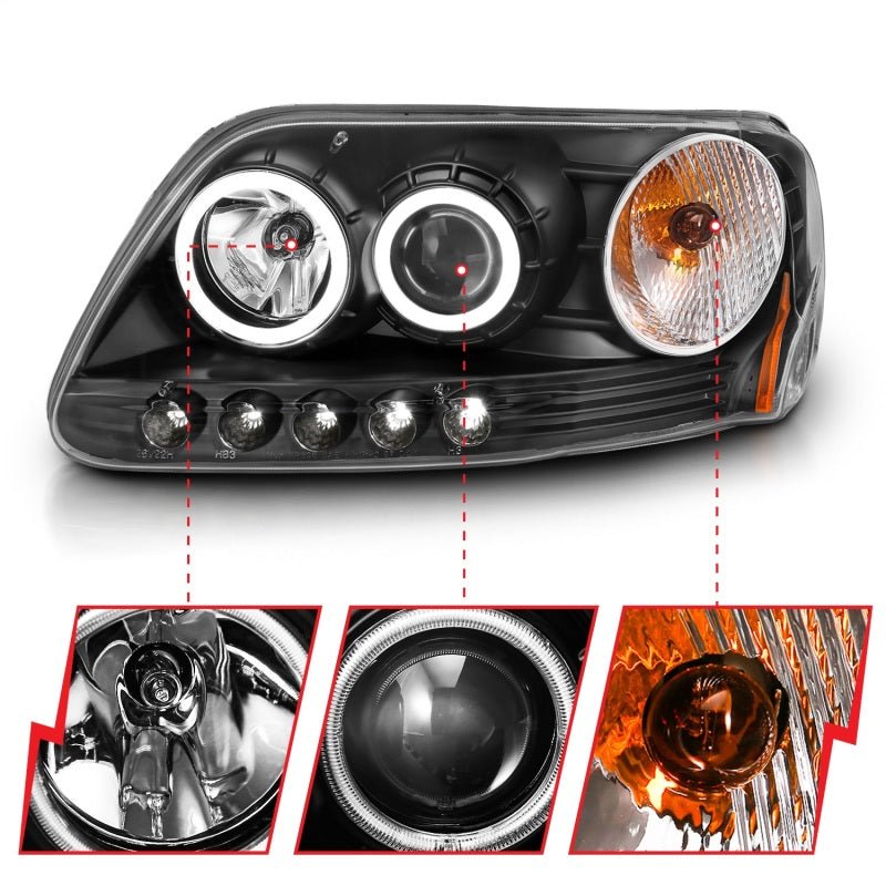 ANZO 1997-2003 Ford F-150 Projector Headlights w/ Halo Black (CCFL) - Crew Original