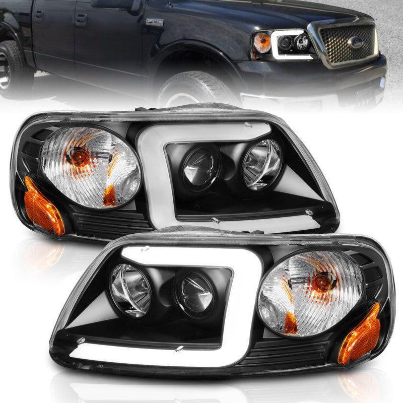 ANZO 1997-2003 Ford F-150 Projector Headlights w/ Light Bar Black Housing - Crew Original