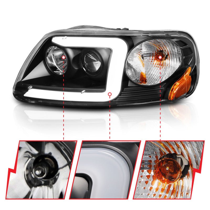 ANZO 1997-2003 Ford F-150 Projector Headlights w/ Light Bar Black Housing - Crew Original