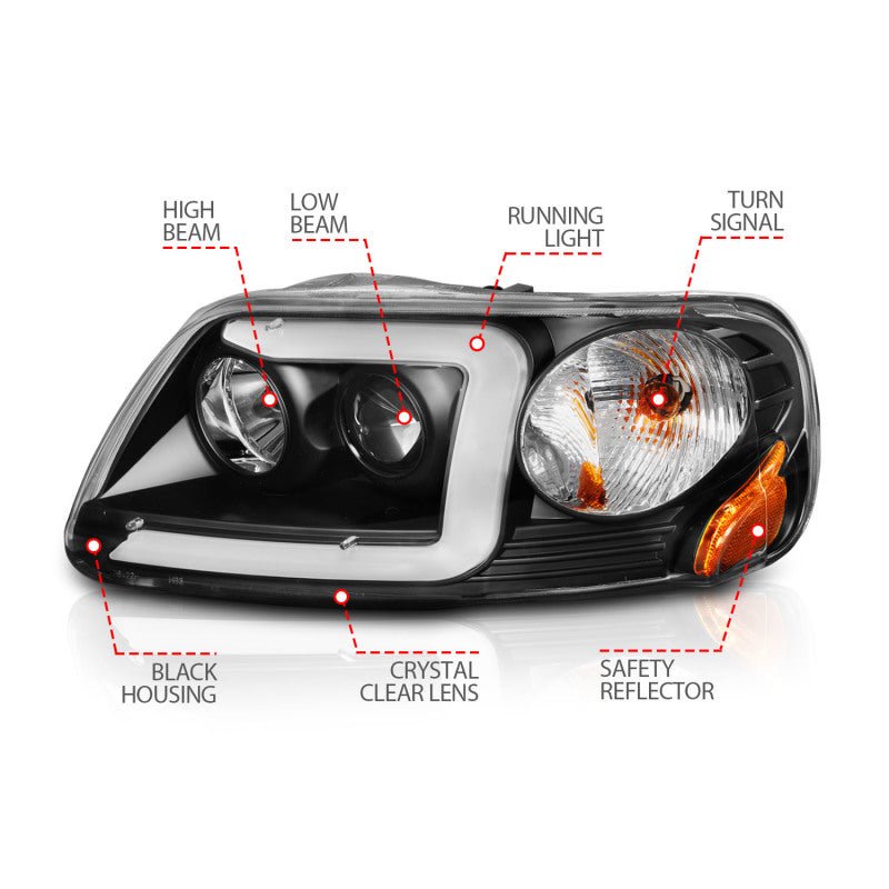 ANZO 1997-2003 Ford F-150 Projector Headlights w/ Light Bar Black Housing - Crew Original