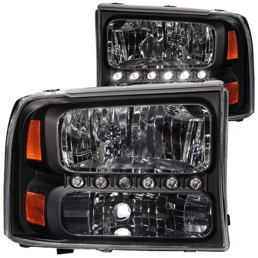 ANZO 2000-2004 Ford Excursion Crystal Headlights Black w/ LED 1pc - Crew Original