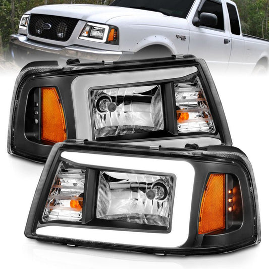 ANZO 2001-2011 Ford Ranger Crystal Headlights w/ Light Bar Black Housing - Crew Original