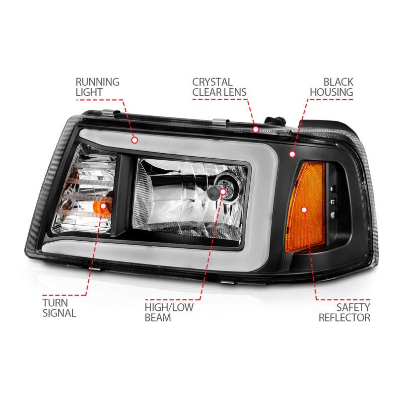 ANZO 2001-2011 Ford Ranger Crystal Headlights w/ Light Bar Black Housing - Crew Original