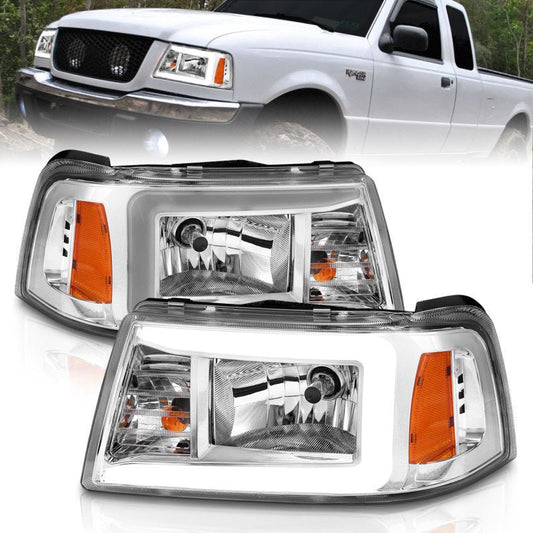 ANZO 2001-2011 Ford Ranger Crystal Headlights w/ Light Bar Chrome Housing - Crew Original