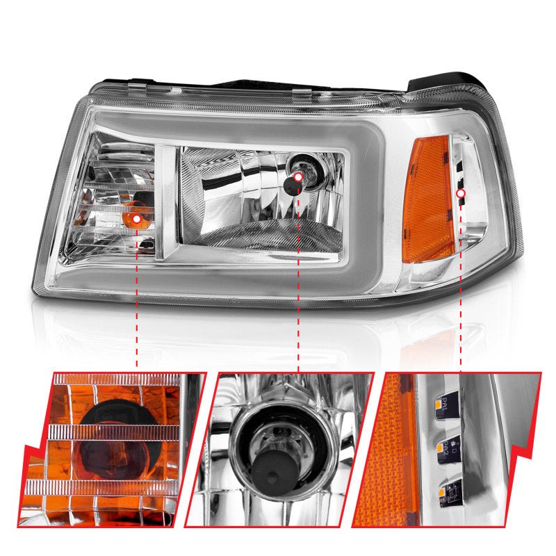 ANZO 2001-2011 Ford Ranger Crystal Headlights w/ Light Bar Chrome Housing - Crew Original