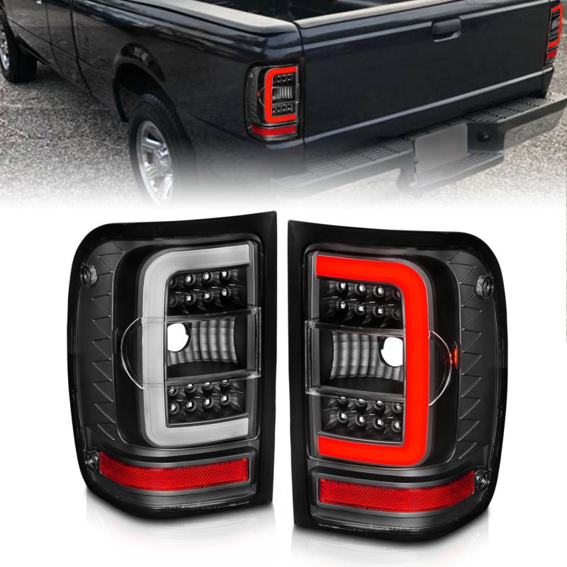 ANZO 2001-2011 Ford Ranger LED Tail Lights w/ Light Bar Black Housing Clear Lens - Crew Original