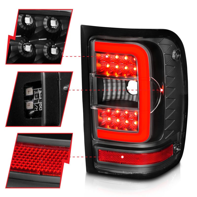 ANZO 2001-2011 Ford Ranger LED Tail Lights w/ Light Bar Black Housing Clear Lens - Crew Original