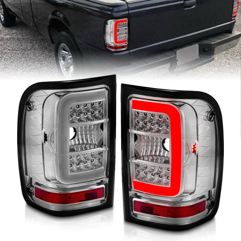 ANZO 2001-2011 Ford Ranger LED Tail Lights w/ Light Bar Chrome Housing Clear Lens - Crew Original