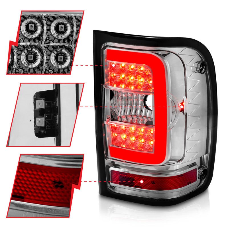 ANZO 2001-2011 Ford Ranger LED Tail Lights w/ Light Bar Chrome Housing Clear Lens - Crew Original