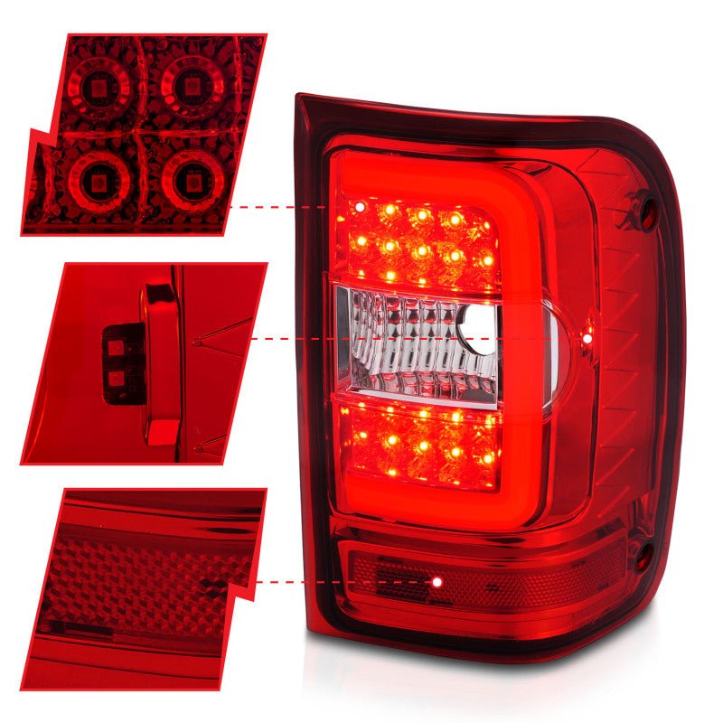 ANZO 2001-2011 Ford Ranger LED Tail Lights w/ Light Bar Chrome Housing Red/Clear Lens - Crew Original