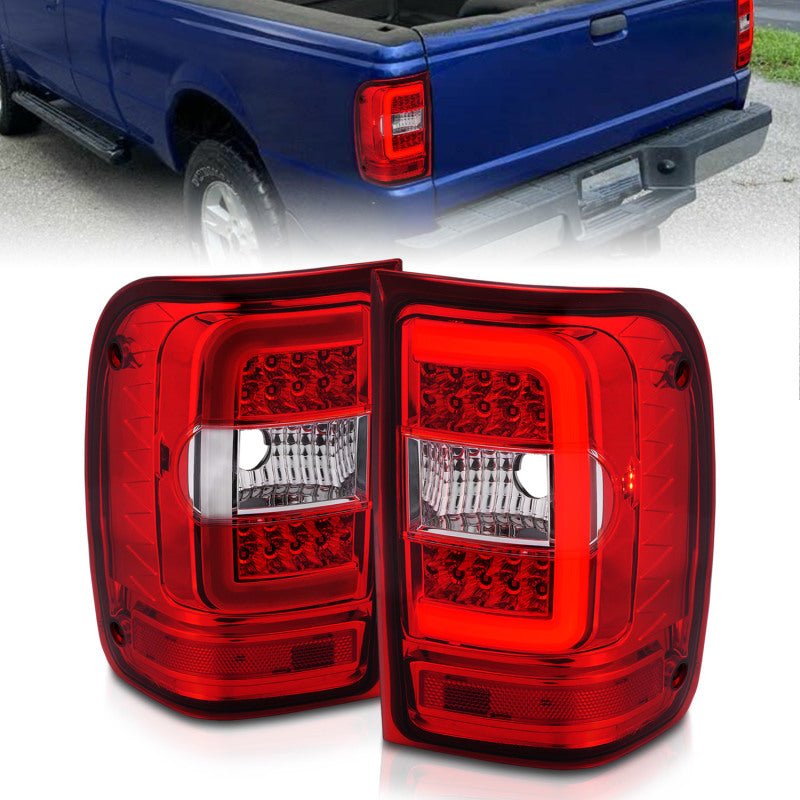 ANZO 2001-2011 Ford Ranger LED Tail Lights w/ Light Bar Chrome Housing Red/Clear Lens - Crew Original