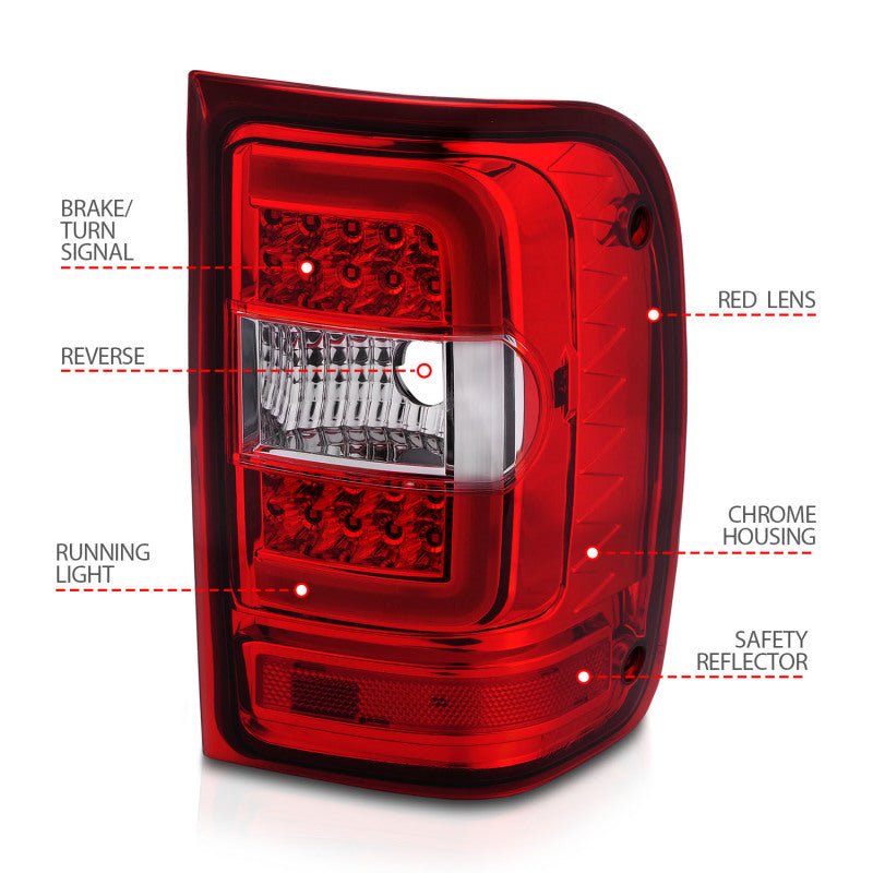 ANZO 2001-2011 Ford Ranger LED Tail Lights w/ Light Bar Chrome Housing Red/Clear Lens - Crew Original