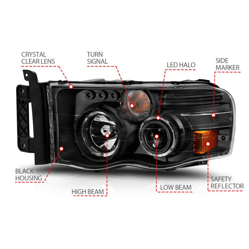 ANZO 2002-2005 Dodge Ram 1500 Projector Headlights w/ Halo Black Clear Amber - Crew Original