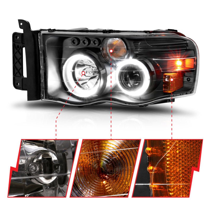 ANZO 2002-2005 Dodge Ram 1500 Projector Headlights w/ Halo Black Clear Amber - Crew Original