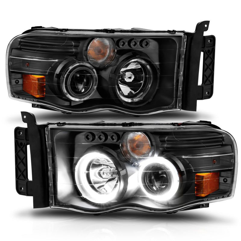 ANZO 2002-2005 Dodge Ram 1500 Projector Headlights w/ Halo Black Clear Amber - Crew Original