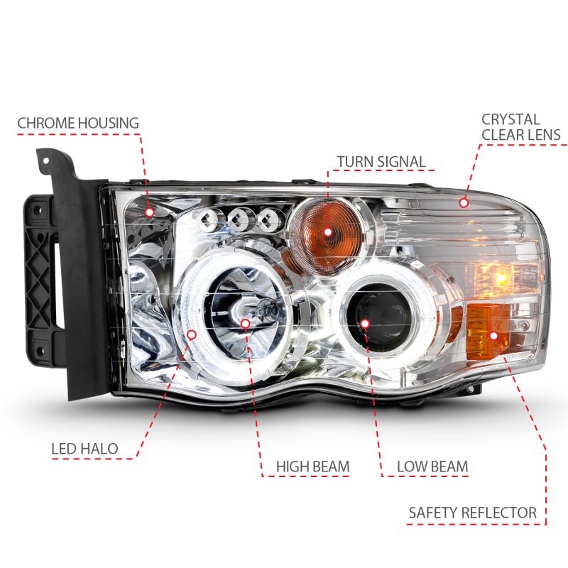 ANZO 2002-2005 Dodge Ram 1500 Projector Headlights w/ Halo Chrome Clear Amber - Crew Original