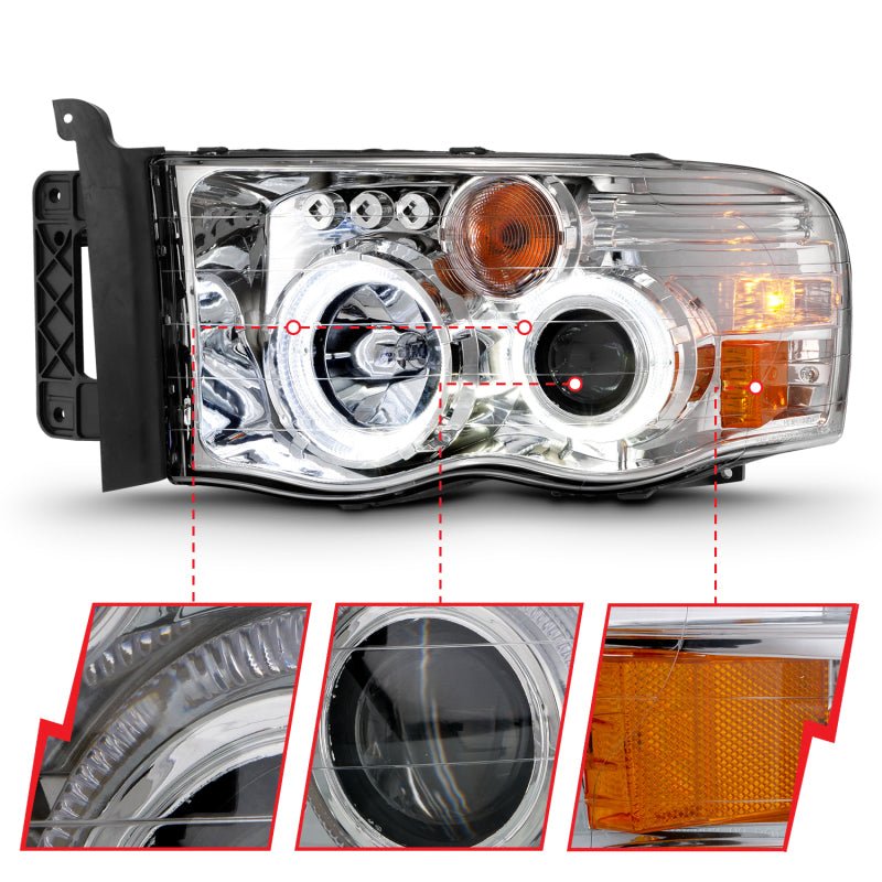 ANZO 2002-2005 Dodge Ram 1500 Projector Headlights w/ Halo Chrome Clear Amber - Crew Original