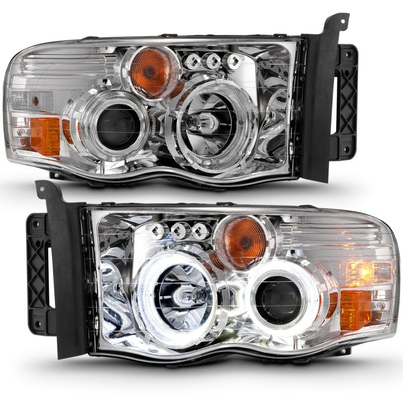 ANZO 2002-2005 Dodge Ram 1500 Projector Headlights w/ Halo Chrome Clear Amber - Crew Original