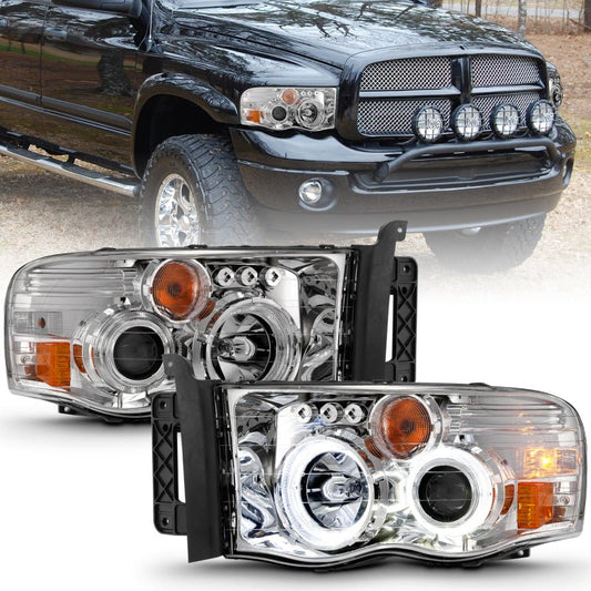 ANZO 2002-2005 Dodge Ram 1500 Projector Headlights w/ Halo Chrome Clear Amber - Crew Original