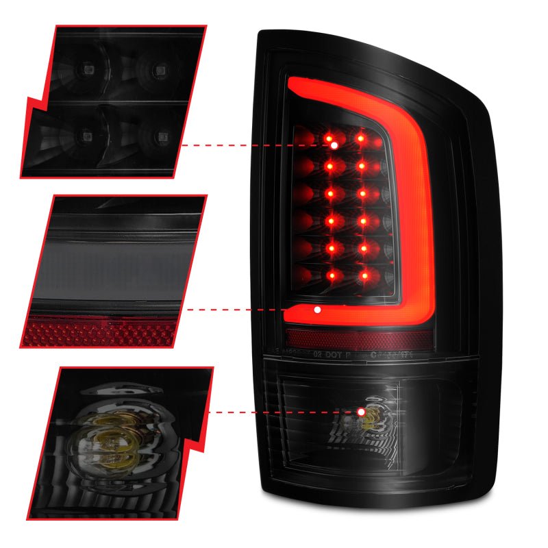 ANZO 2002-2006 Dodge Ram 1500 LED Tail Lights w/ Light Bar Black Housing Smoke Lens - Crew Original