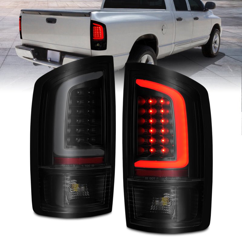 ANZO 2002-2006 Dodge Ram 1500 LED Tail Lights w/ Light Bar Black Housing Smoke Lens - Crew Original