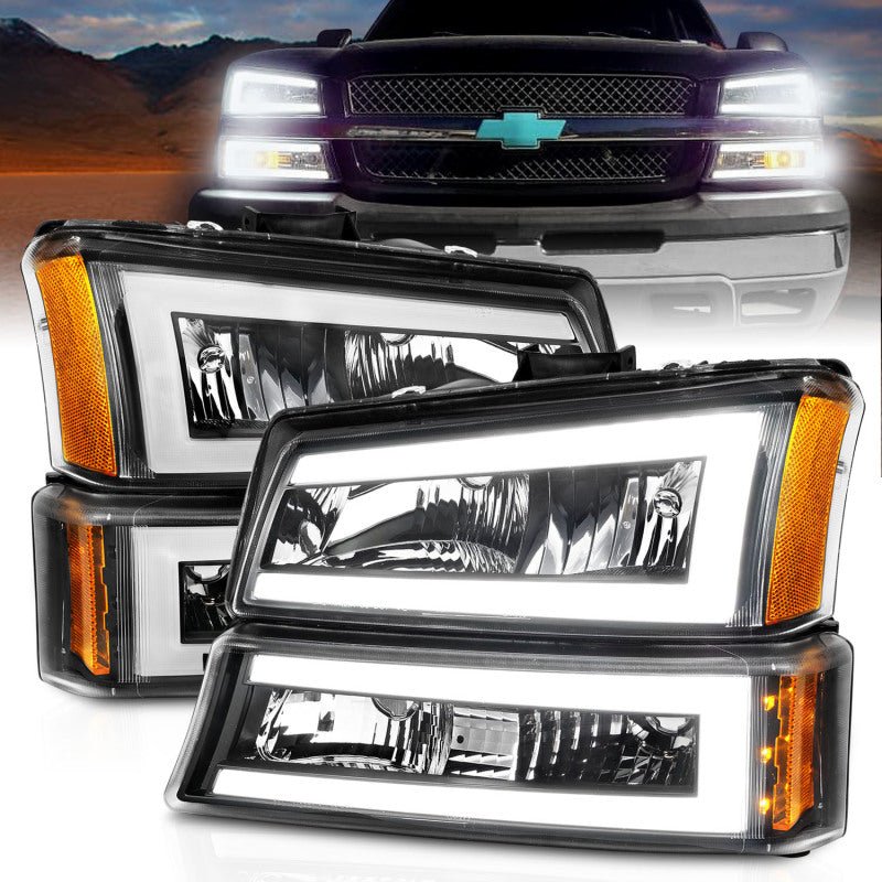 ANZO 2003-2006 Chevrolet Silverado 1500 Crystal Headlights w/ Light Bar Black Housing - Crew Original