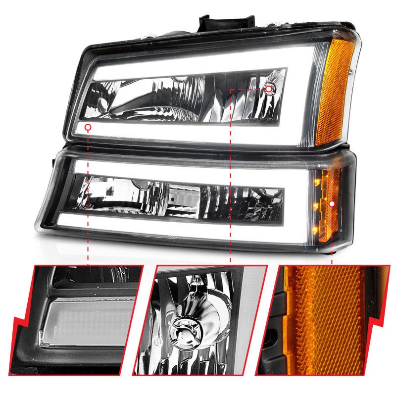 ANZO 2003-2006 Chevrolet Silverado 1500 Crystal Headlights w/ Light Bar Black Housing - Crew Original