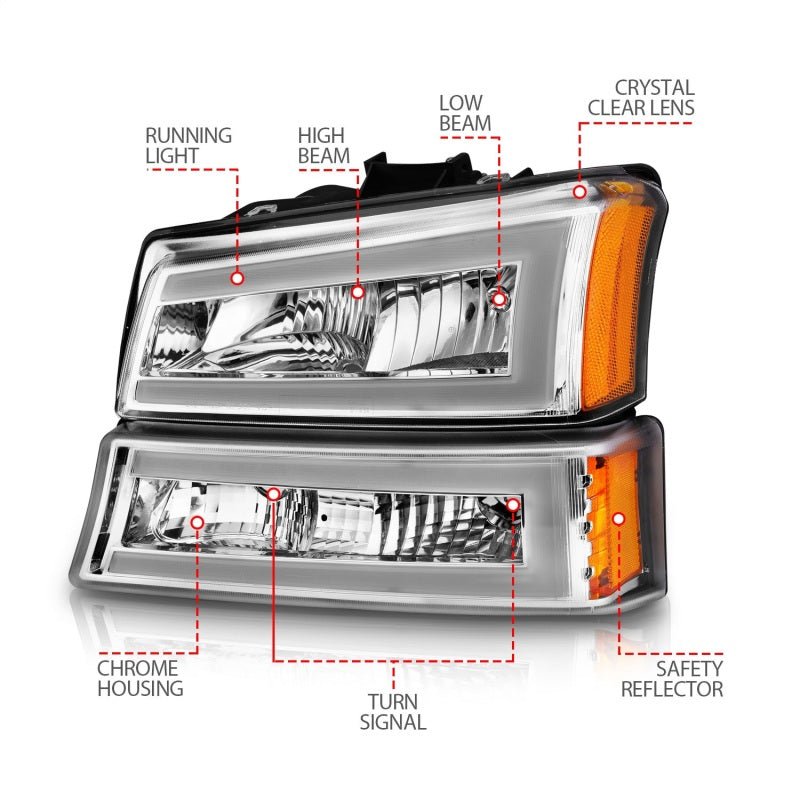 ANZO 2003-2006 Chevrolet Silverado 1500 Crystal Headlights w/ Light Bar Chrome Housing - Crew Original