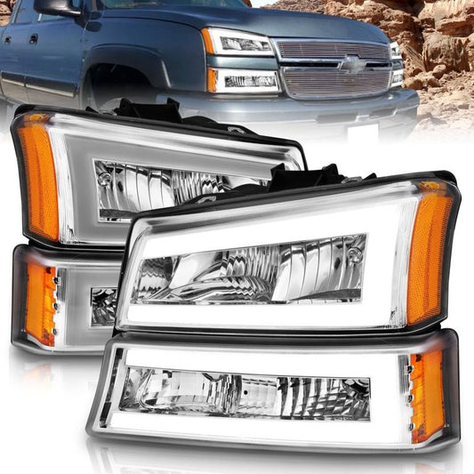 ANZO 2003-2006 Chevrolet Silverado 1500 Crystal Headlights w/ Light Bar Chrome Housing - Crew Original