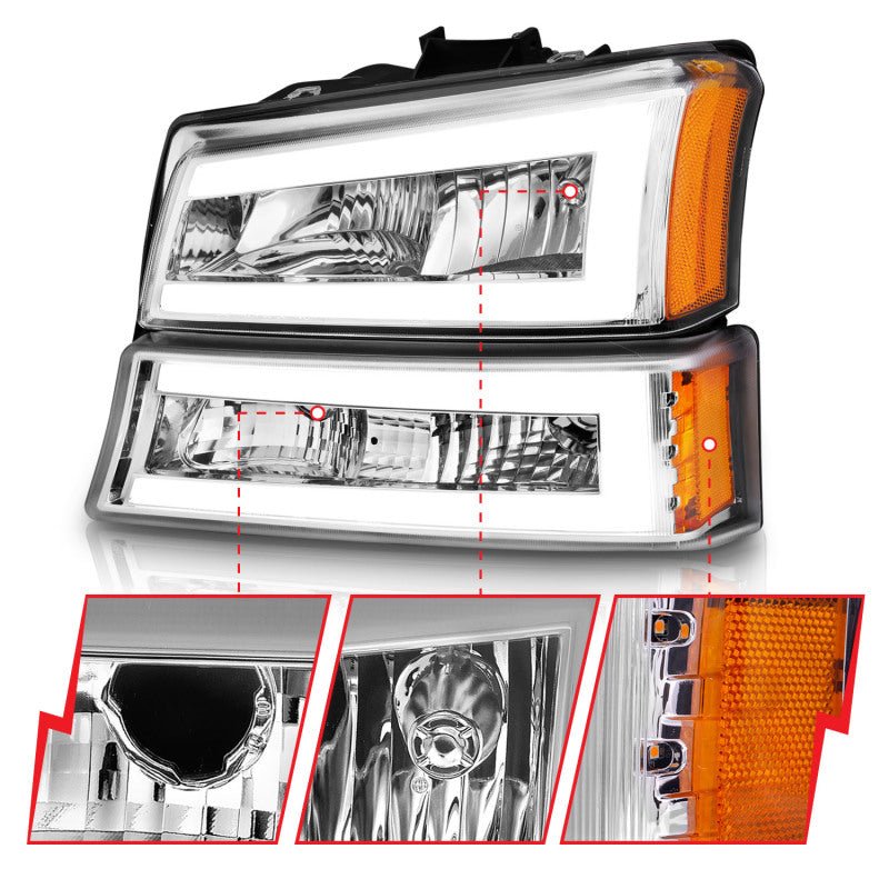 ANZO 2003-2006 Chevrolet Silverado 1500 Crystal Headlights w/ Light Bar Chrome Housing - Crew Original