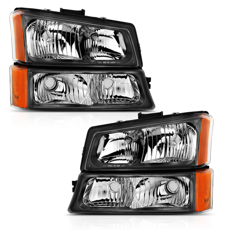 ANZO 2003-2006 Chevy Silverado Crystal Headlight w/ Signal Light Black Amber (4 pcs) - Crew Original